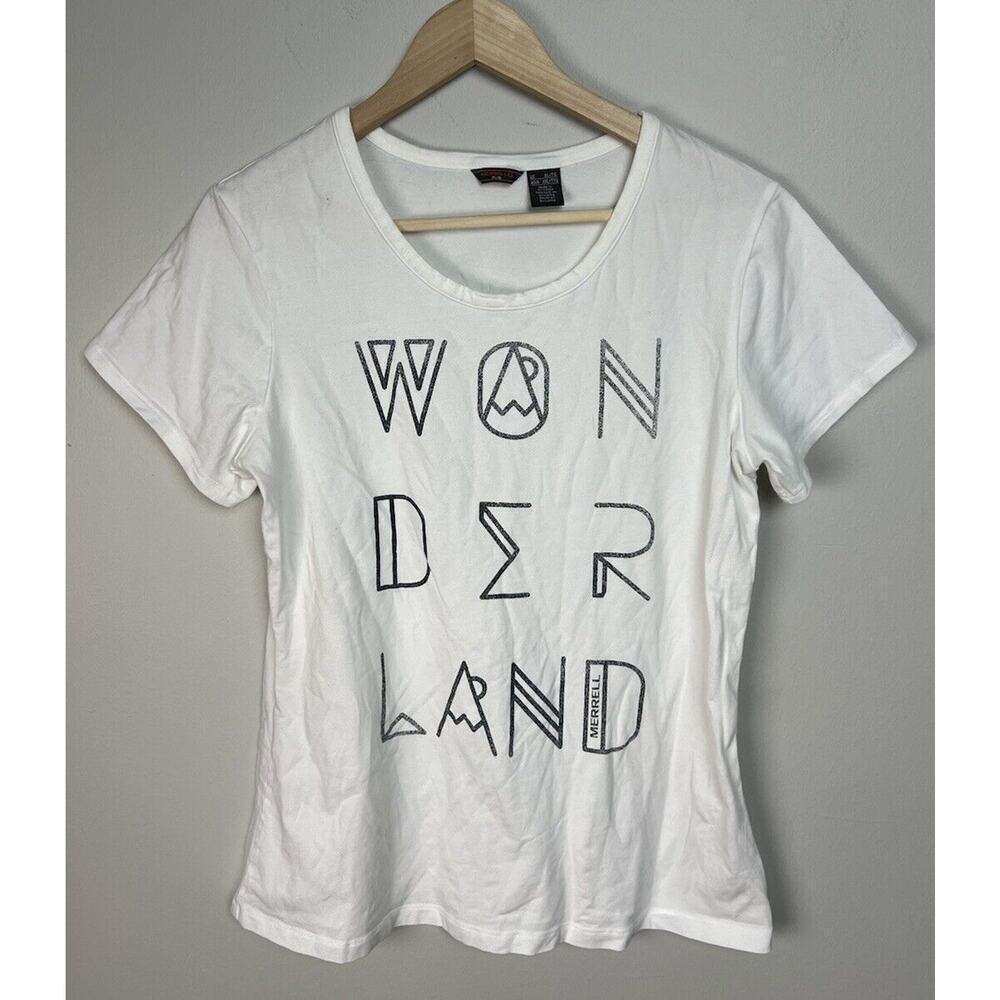 Merrell ‘Wonderland Wanderland’ White Graphic Tee Size XL Cotton Stretch Women’s